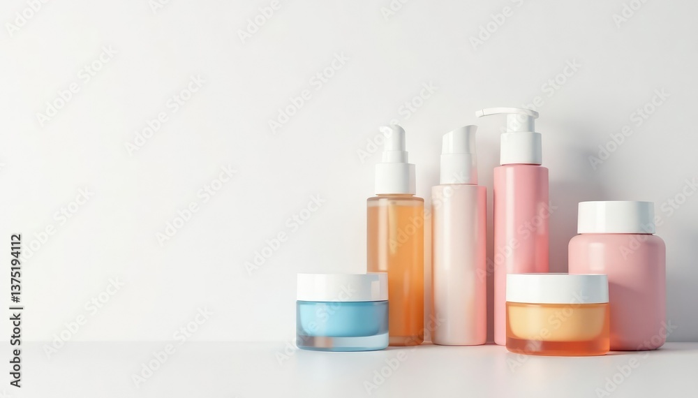 Various cosmetic containers on pristine white backdrop, packaging, cosmetic Various cosmetic containers on pristine white backdrop, packaging, cosmetic