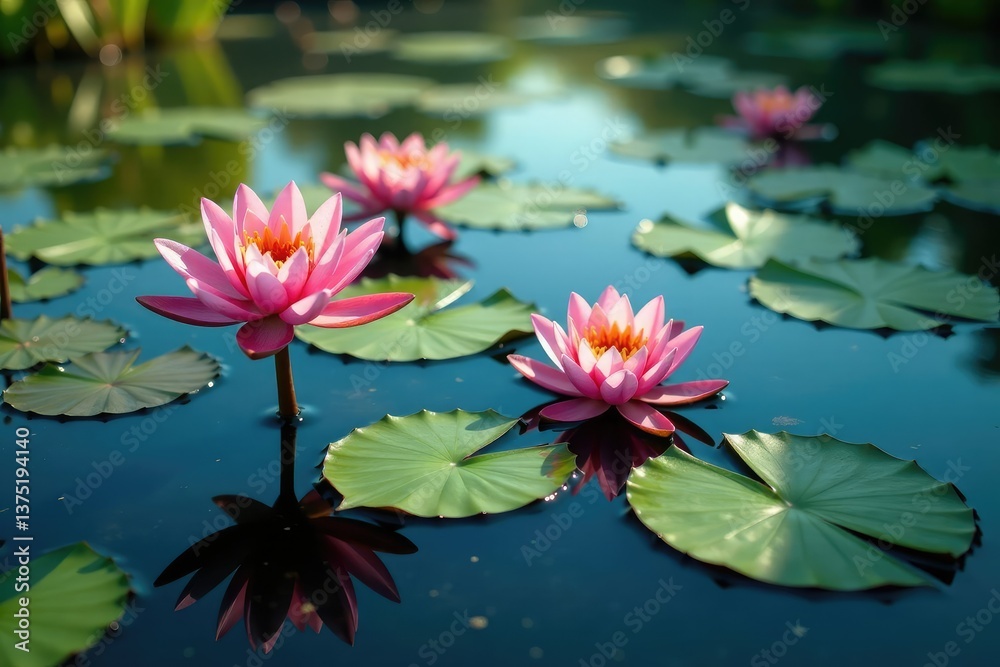 Water lilies create a floral pattern on a still lake, serene, beauty Water lilies create a floral pattern on a still lake, serene, beauty