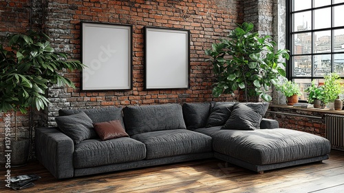 Cozy and inviting modern industrial style living room interior with plush gray sectional sofa brick walls large lush houseplants  Comfortable and stylish home decor in a loft or apartment setting photo