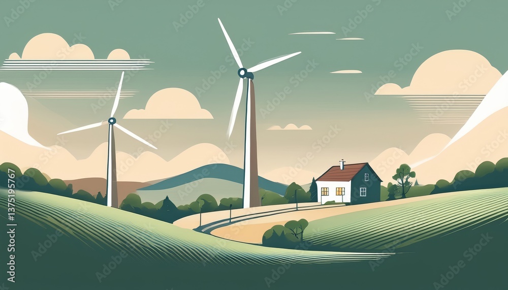 Obraz premium Energy, minimalistic landscape with a house and a wind turbine
