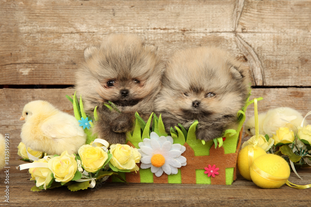 Two Pomeranian puppies with chick among flowers