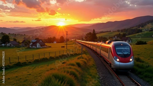 High-speed train sunset rural landscape travel.