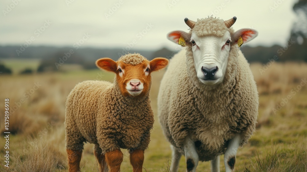 Obraz premium Baby Elephant Calf and Sheep Stand Together in a Field