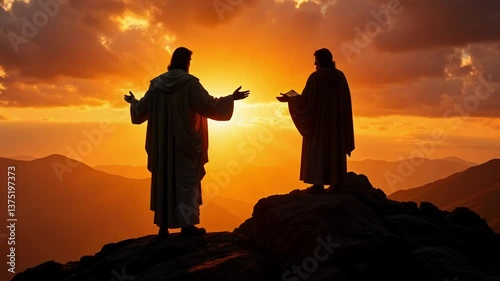 Silhouette of jesus delivering a powerful sermon illuminated by the setting sun on a mountain top, embodying the essence of biblical gospel teaching and spiritual enlightenment.