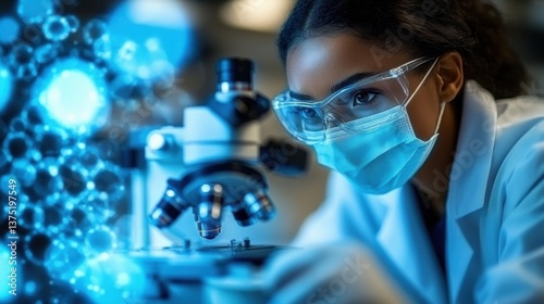 Scientist wearing protective gear studying samples under a microscope in a laboratory environment, surrounded by abstract glowing forms.