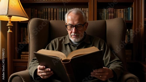 An older man reads a book in a comfortable chair surrounded by bookshelves.