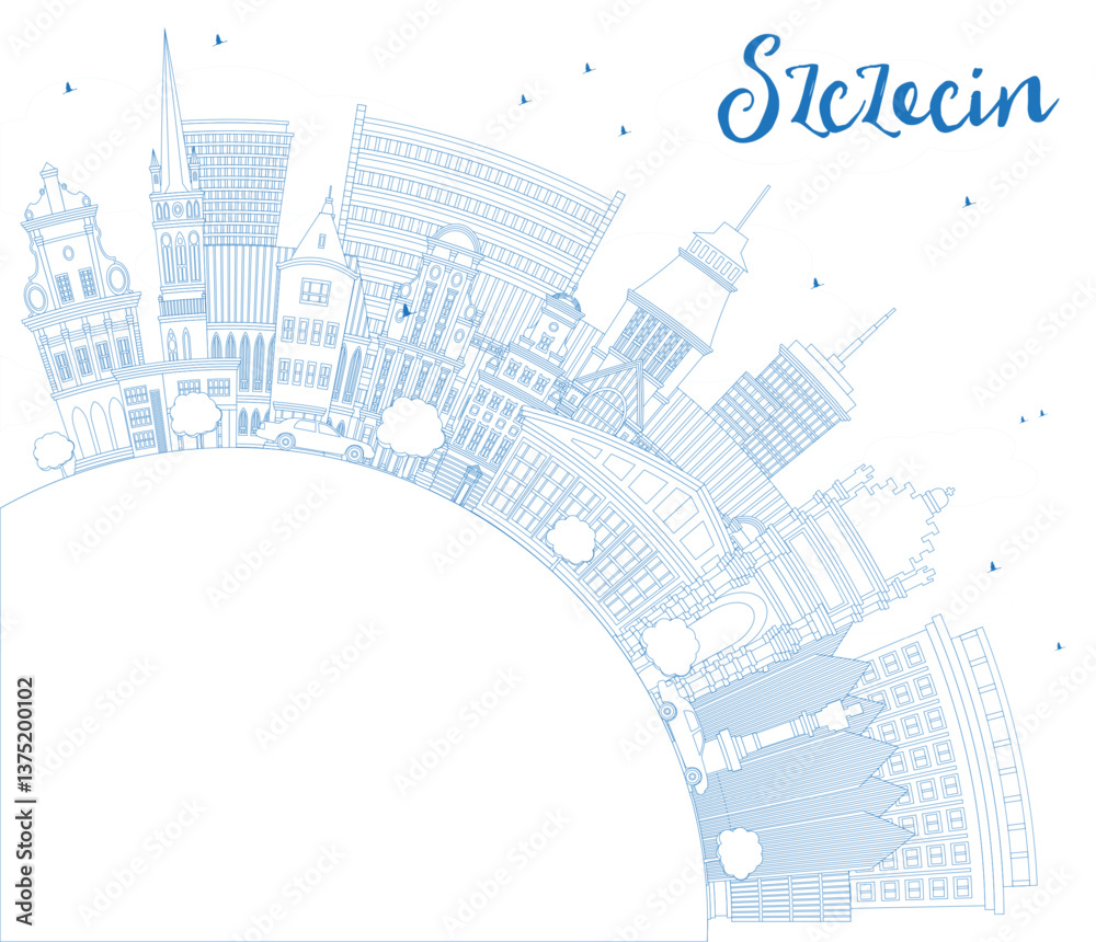 Naklejka premium Outline Szczecin Poland city skyline with blue buildings and copy space. Szczecin cityscape with landmarks. Travel and tourism concept with modern and historic architecture.