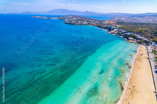 Fototapeta Naklejka Na Ścianę i Meble -  Ilica Beach in Alacati. Cesme District, Izmir, Turkey. Beautiful turquoise sea view in Cesme. Drone shot.