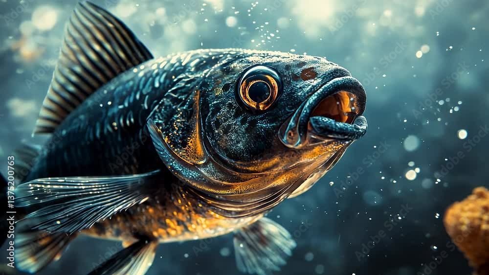 A striking black fish is captured underwater, showcasing its vibrant scales as it bites at something in its environment. Bubbles and light create a captivating backdrop for this aquatic moment. A striking black fish is captured underwater, showcasing its vibrant scales as it bites at something in its environment. Bubbles and light create a captivating backdrop for this aquatic moment.