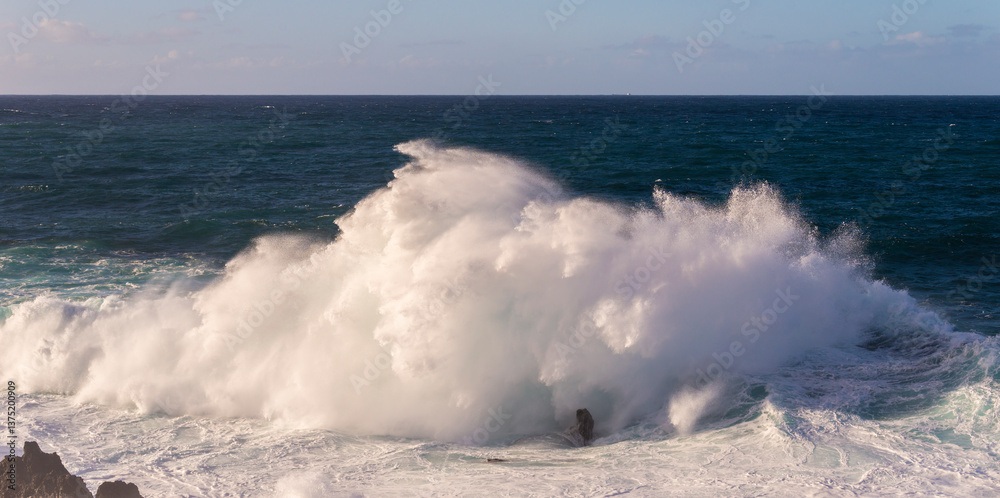 Powerful storm waves in Porto Moniz, on the Madeira Atlantic coastline, Portugal