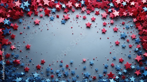 Red and blue glitter stars scattered on textured background