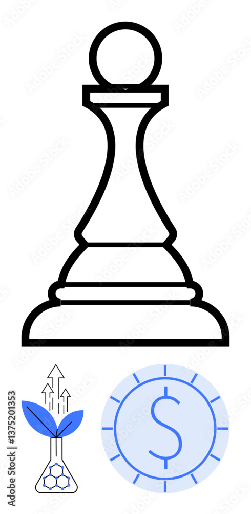 Chess pawn representing strategic moves complemented by a plant growing from a flask and a coin icon. Ideal for business, leadership, sustainability, growth, finance, investment, decision-making Chess pawn representing strategic moves complemented by a plant growing from a flask and a coin icon. Ideal for business, leadership, sustainability, growth, finance, investment, decision-making