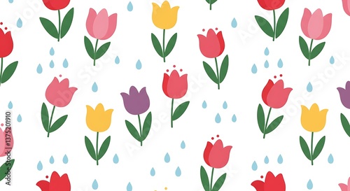 Wallpaper Mural Springtime Tulips Delightful Floral Pattern Rainbow Tulips Under Spring Rain Vibrant Floral Illustration Happy Colors Cute Tulip Design Simple Happy Pattern Colorful Tulips Cheerful Spring Design Torontodigital.ca