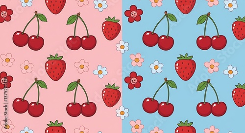 Sweet Cherry Strawberry Seamless Pattern Design AI Generated