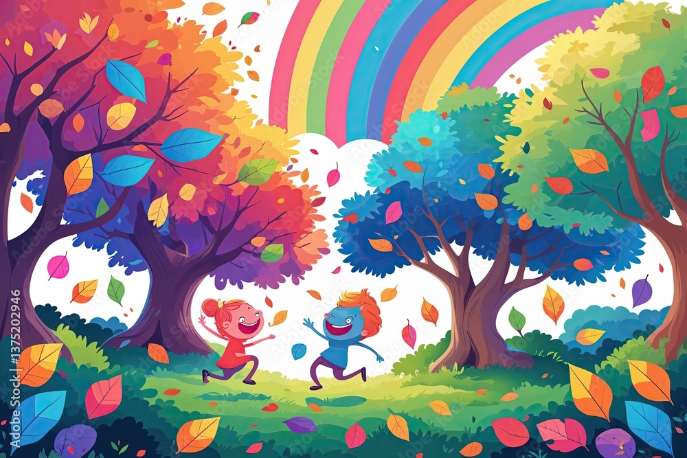Fototapeta premium Enchanting Cartoon Illustration of Dancing Trees with Vivid Leaves and a Radiant Rainbow in a Cheerful Nature Design