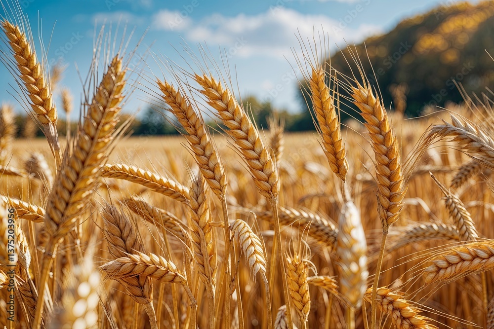 Fototapeta premium Picturesque Rural Landscape with Golden Wheat Fields and Clear Blue Sky Celebrating Harvest Season and Natural Beauty
