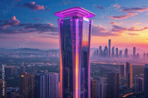 Futuristic Skyscraper Tower at Sunset Over Urban Landscape