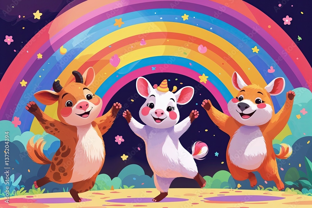 Obraz premium Joyful Animals Dancing Beneath Colorful Rainbows in Playful Cartoon Style