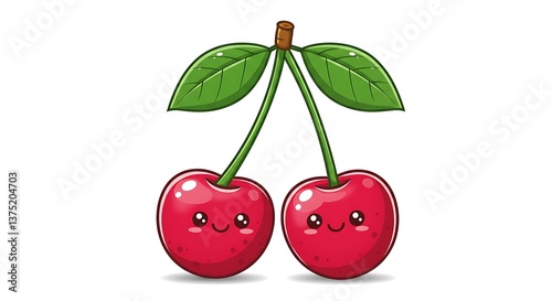 Adorable Cartoon Cherries Delightful Red Fruit Illustration AI Generated