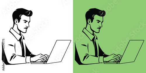 Illustration of serious office worker using laptop, Illustration showing employee focused on tasks, great for modern business platforms, remote teams, or freelancer branding tools.