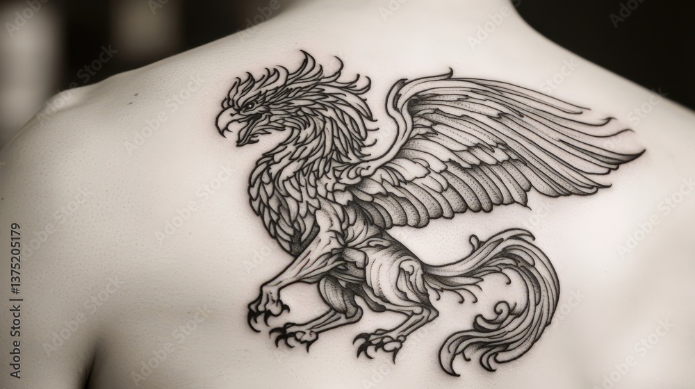 Fototapeta premium A black and white tattoo of a mythical griffin displayed on skin