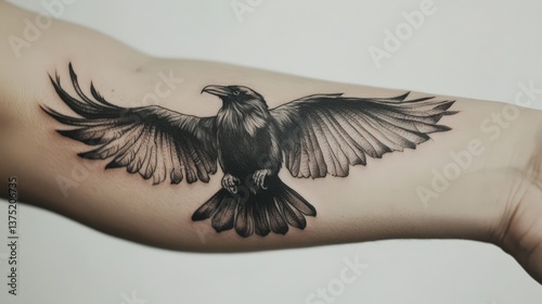 A detailed image presents a raven tattoo on human skin