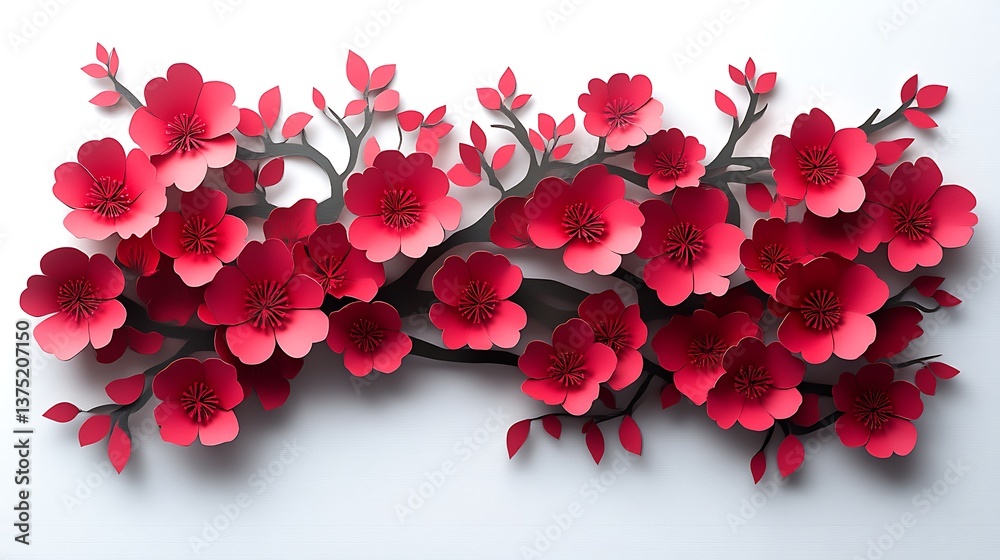 Red Paper Flowers Blossom on a Branch Red Paper Flowers Blossom on a Branch