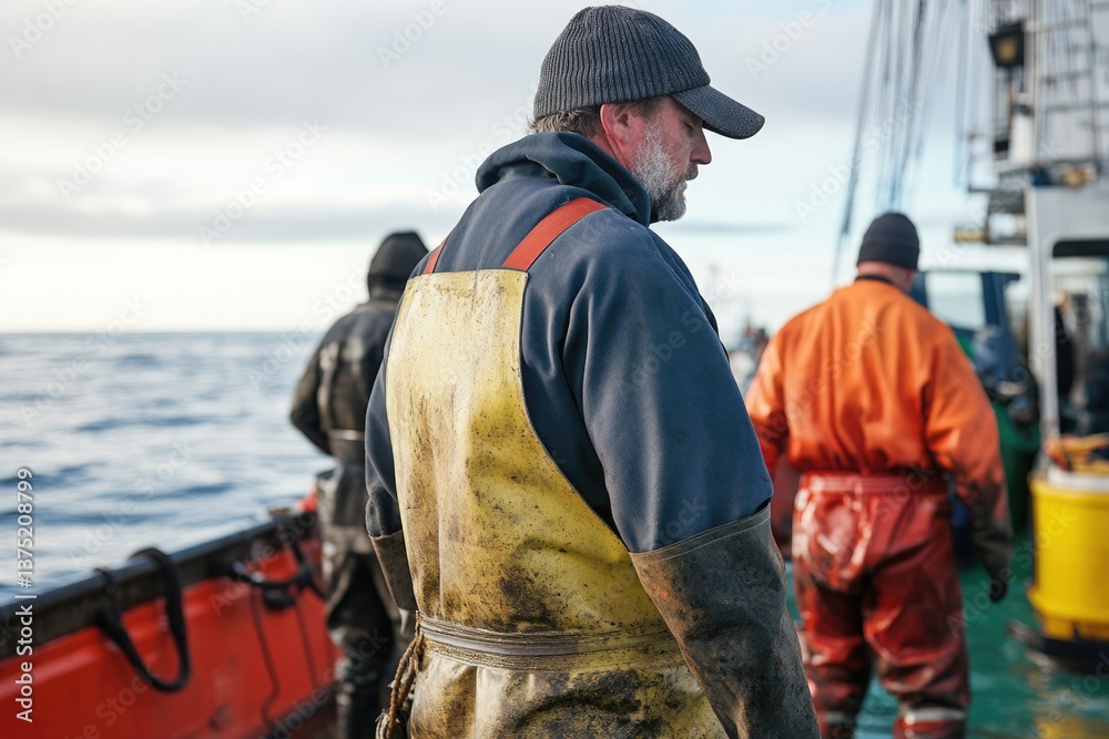 fisherman in yellow waterproof apron works on fishing boat at sea, with others in background fisherman in yellow waterproof apron works on fishing boat at sea, with others in background