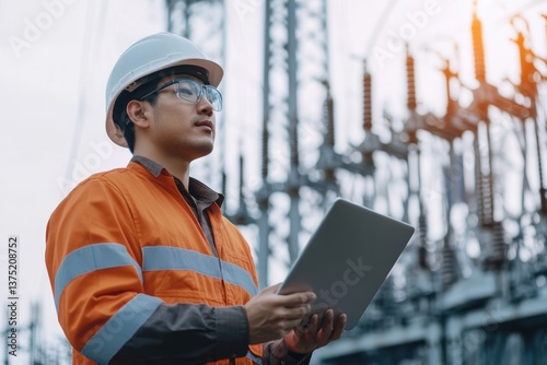 engineer in safety gear inspects power station with laptop, ensuring operational safety