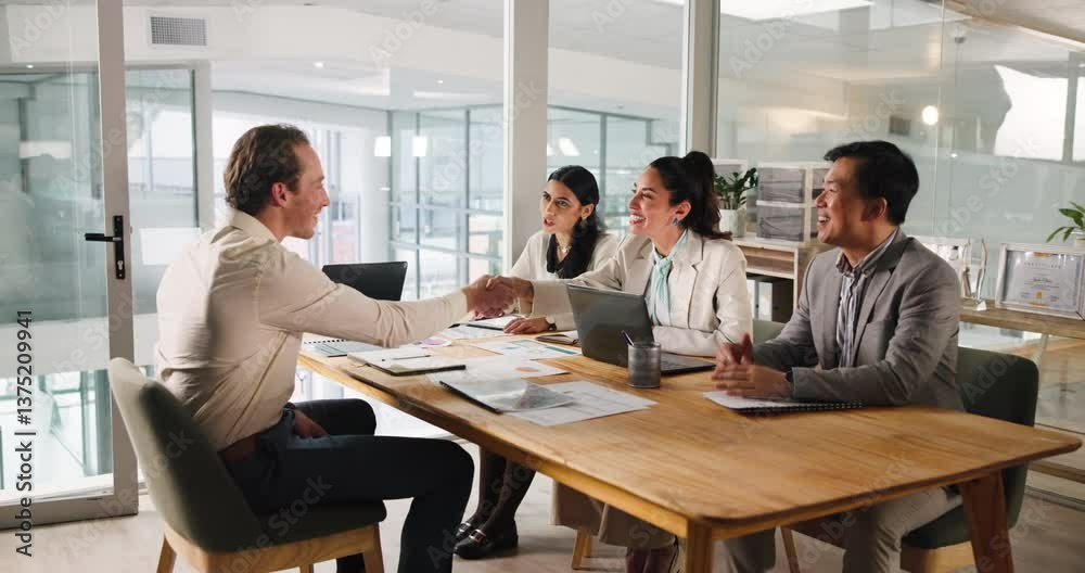 Handshake, interview and business people with candidate in office for recruitment process. Meeting, onboarding and man applicant with HR panel for shaking hands with job offer agreement for hiring. Handshake, interview and business people with candidate in office for recruitment process. Meeting, onboarding and man applicant with HR panel for shaking hands with job offer agreement for hiring.