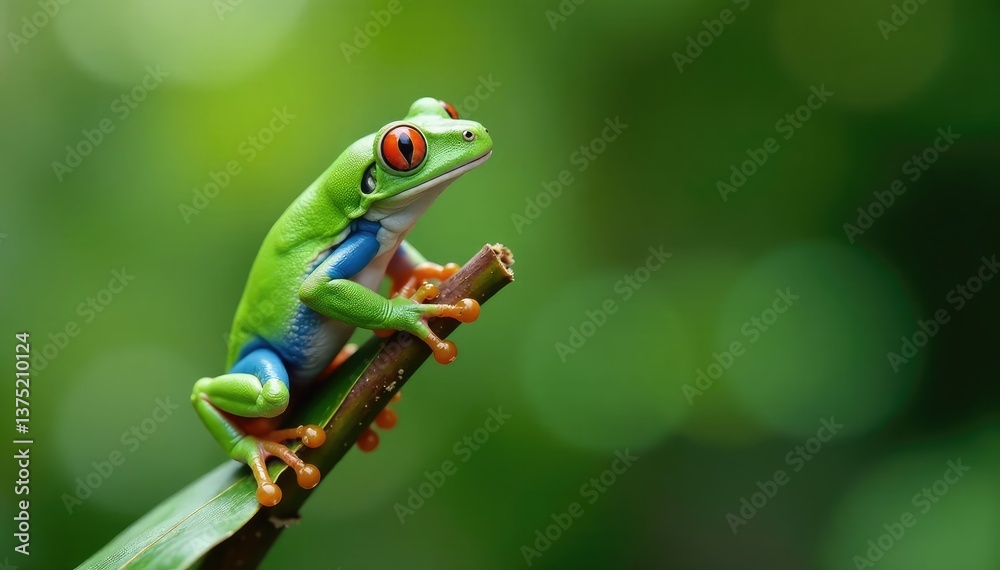 Naklejka premium Green tree frog perched on white, vibrant skin, reptile, green frog, wildlife