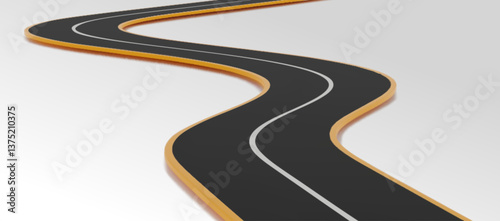 3D winding road isolated on white background. Vector realistic illustration of asphalt highway with turns, traffic navigation map, car travel roadmap, concept of way to success, speed race distance