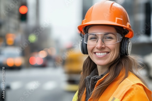Wallpaper Mural Smiling Female Construction Worker in Orange Gear at Urban Worksite Torontodigital.ca