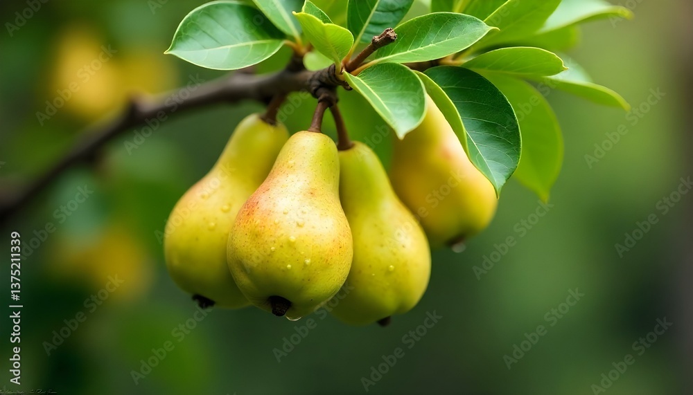 Close-up shot of pears on a tree branch with water droplets, soft diffused lighting, bokeh effect, vibrant contrasts, the pears are yellow-green Close-up shot of pears on a tree branch with water droplets, soft diffused lighting, bokeh effect, vibrant contrasts, the pears are yellow-green