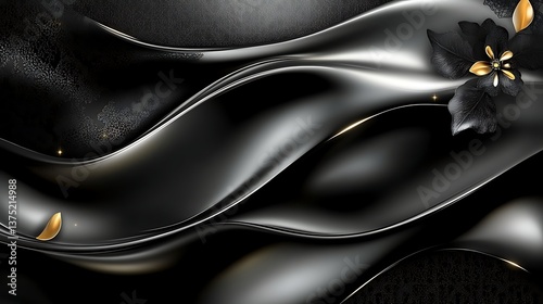 Black Abstract Waves With Gold Accents And Flowers
