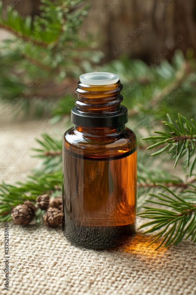 Pine essential oil in a glass bottle Branches of coniferous trees, Generative AI,