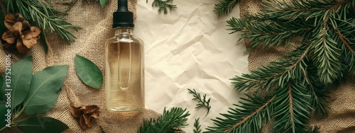 Pine essential oil in a glass bottle Branches of coniferous trees, Generative AI,