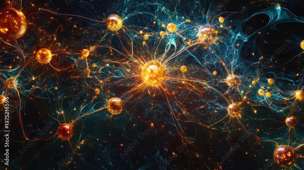 Naklejka premium An abstract and colorful depiction of interconnected glowing spheres and lines