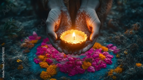 Hands Hold a Lit Diya Candle Amidst Flowers