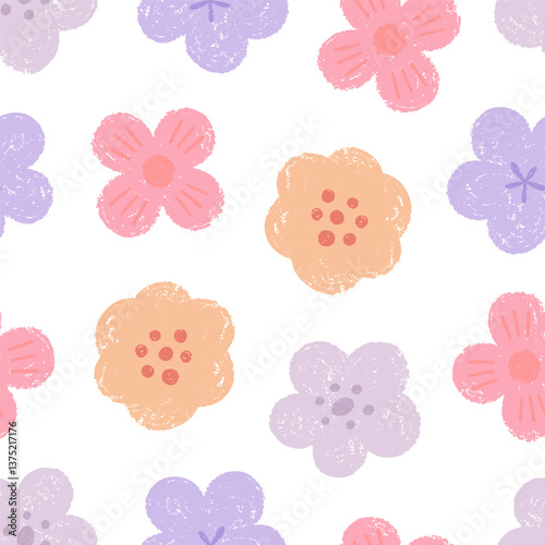 Abstract spring flowers drawn with chalk, spring seamless pattern