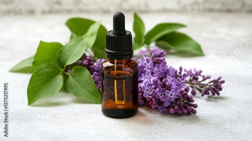 lilac oil extract in a small bottle, Generative AI,