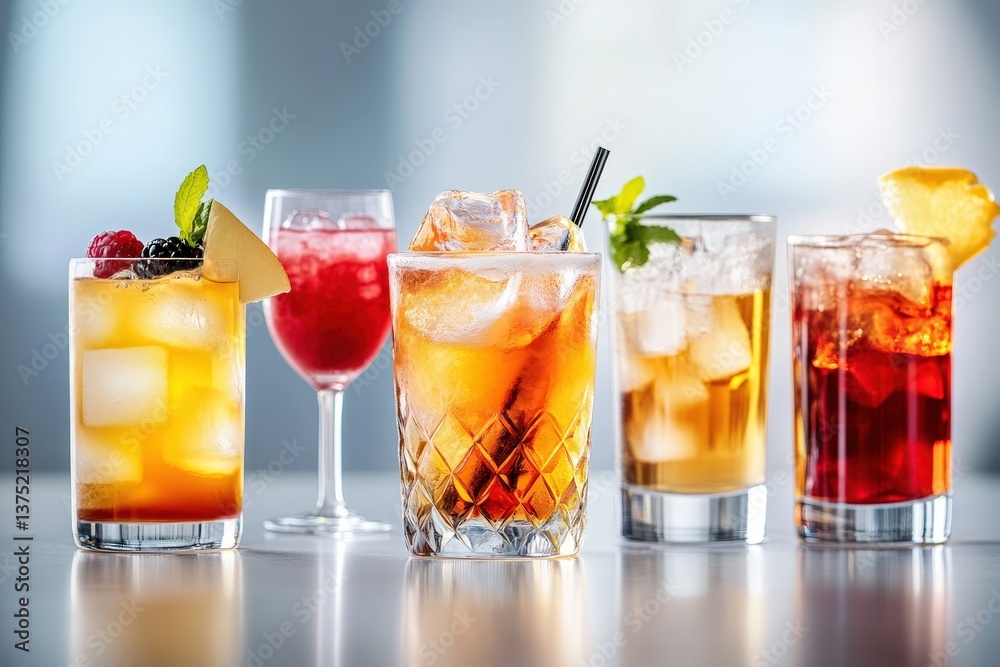 A collection of colorful refreshing cocktails in glasses display A collection of colorful refreshing cocktails in glasses display