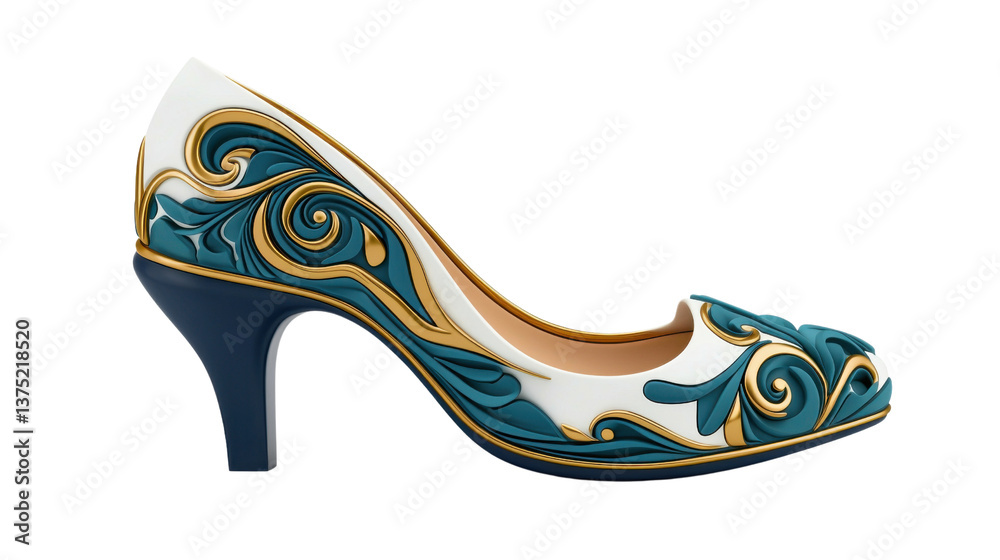 Obraz premium Striking high heel shoe featuring an intricate swirling pattern in a vibrant color palette of blue gold and cream The ornate decorative design exudes an air of sophistication and elegance