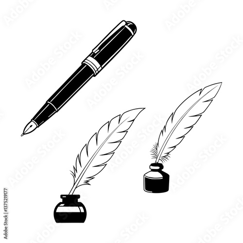 Feather Quill Inkwell Icons Writing, Calligraphy, Stationery, Art