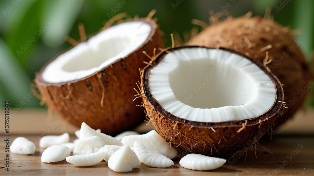 Coconuts with coconuts flakes on wooden table Coconuts with coconuts flakes on wooden table