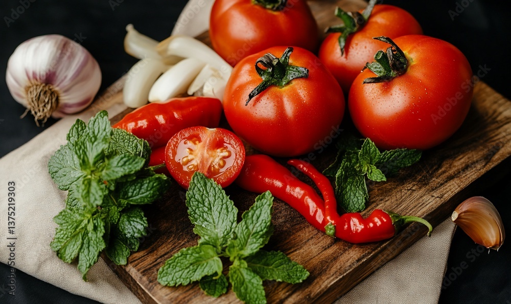 Fresh tomatoes, garlic, chili peppers, and mint on a wooden cutting board Fresh tomatoes, garlic, chili peppers, and mint on a wooden cutting board