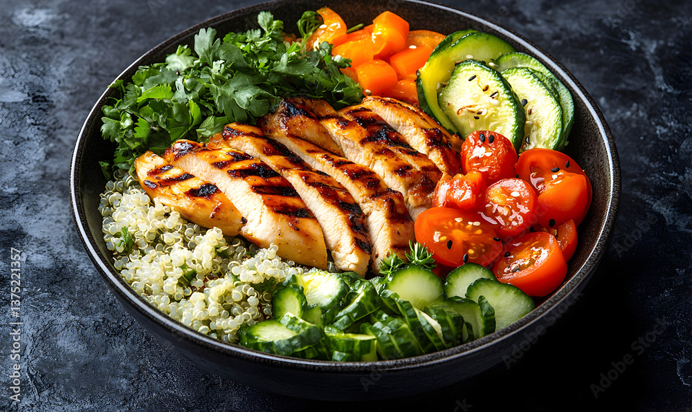 Grilled Chicken and Quinoa Bowl with Colorful Vegetables Grilled Chicken and Quinoa Bowl with Colorful Vegetables