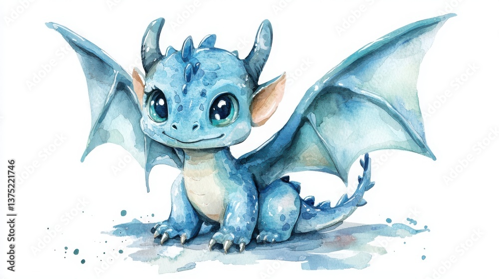 Obraz premium A cute, blue watercolor dragon with big eyes and wings, exuding charm and whimsy, perfect for fantasy art lovers.