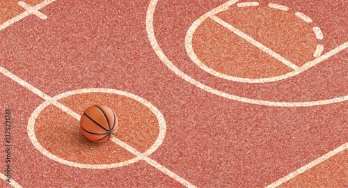 Basketball court and 3d basketball ball. Realistic textured surface. Orthographic view basketball and marked lines. Urban textured playground for games, practice, and athletics. Vector illustration.