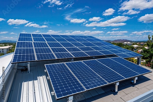 Wallpaper Mural Sustainable Living with Rooftop Solar Installations and Advanced Photovoltaic Technology Under a Clear Blue Sky Torontodigital.ca